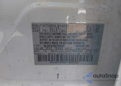 2019 Nissan Sentra S z USA, uszkodzony, nr VIN 3N1AB7AP8KY380283